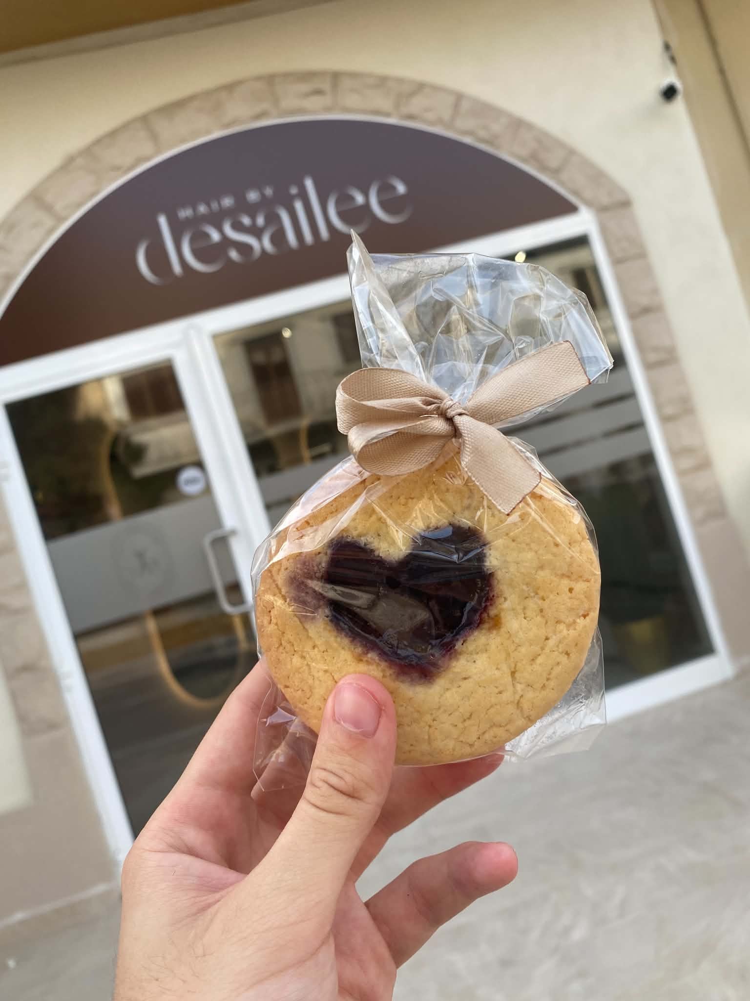 Heart jam cookie from Aiana photographed outside Hair by Desailee