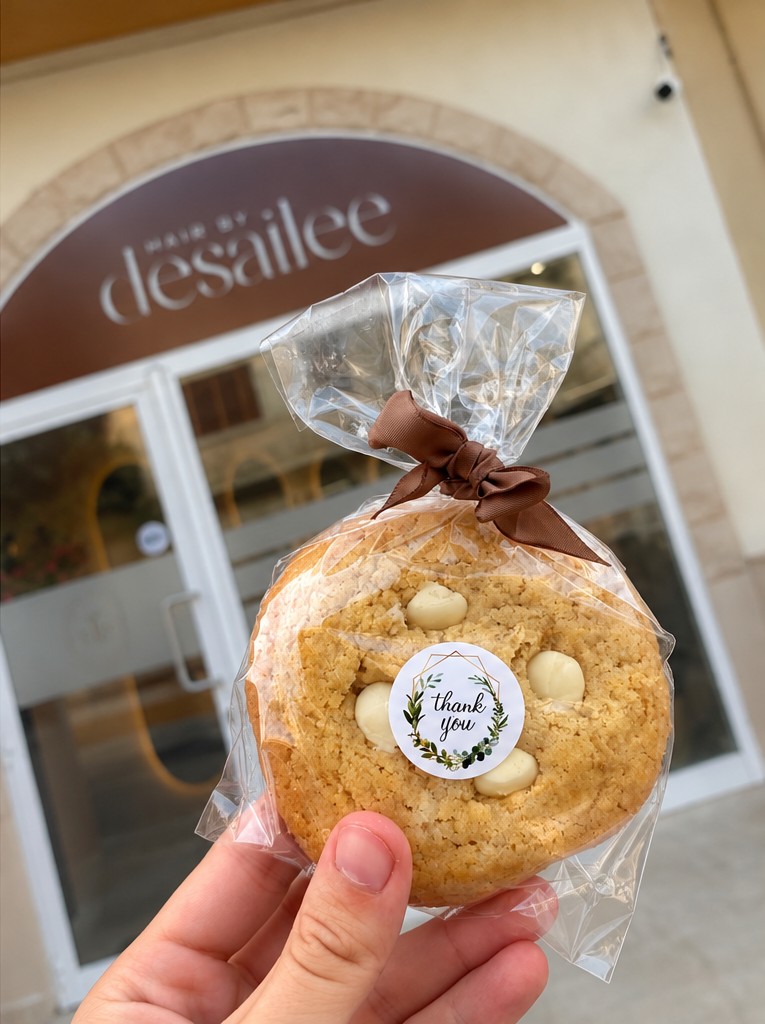White chocolate chip cookie from Aiana photographed outside Hair by Desailee