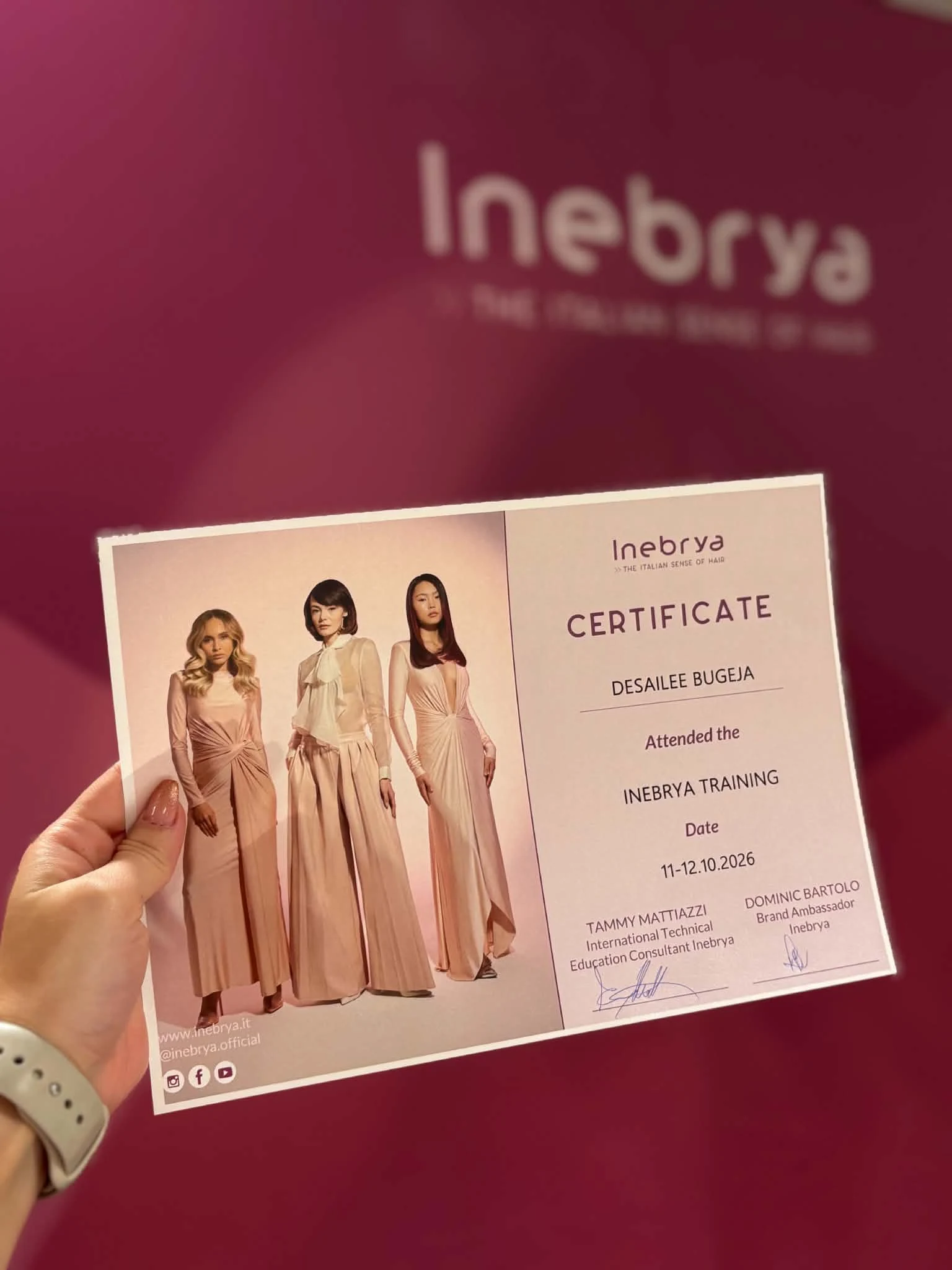 Desailee Bugeja’s Inebrya training certificate, 11–12 October 2026
