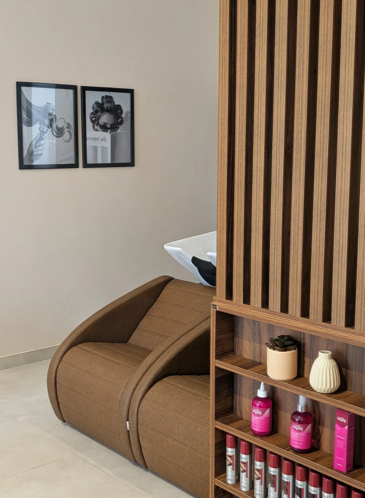 Warm details and panelling inside Hair by Desailee